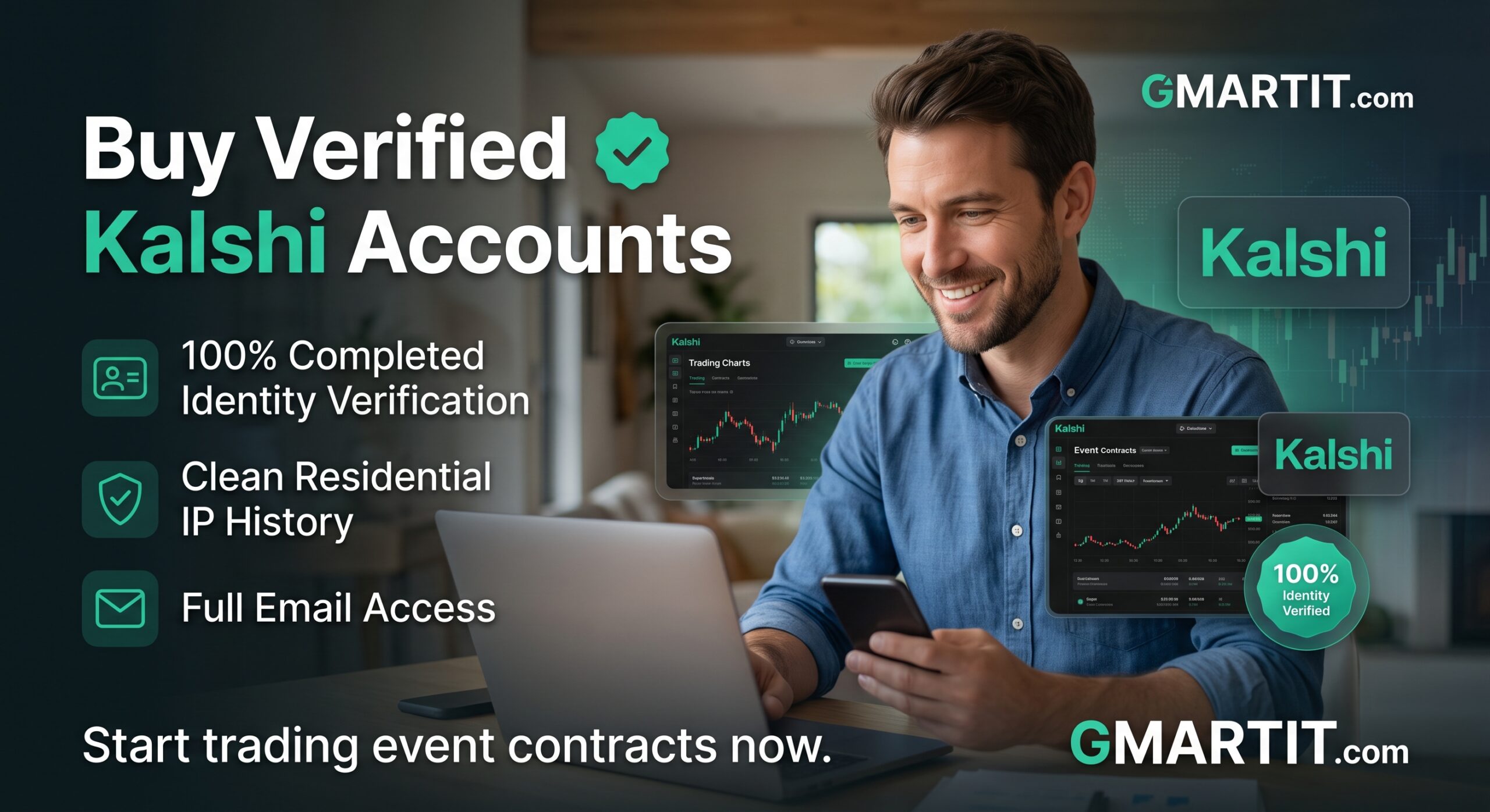 Buy verified Kalshi accounts with 100% completed identity verification, clean residential IP history, and full email access. Start trading event contracts now. GMARTIT.com
